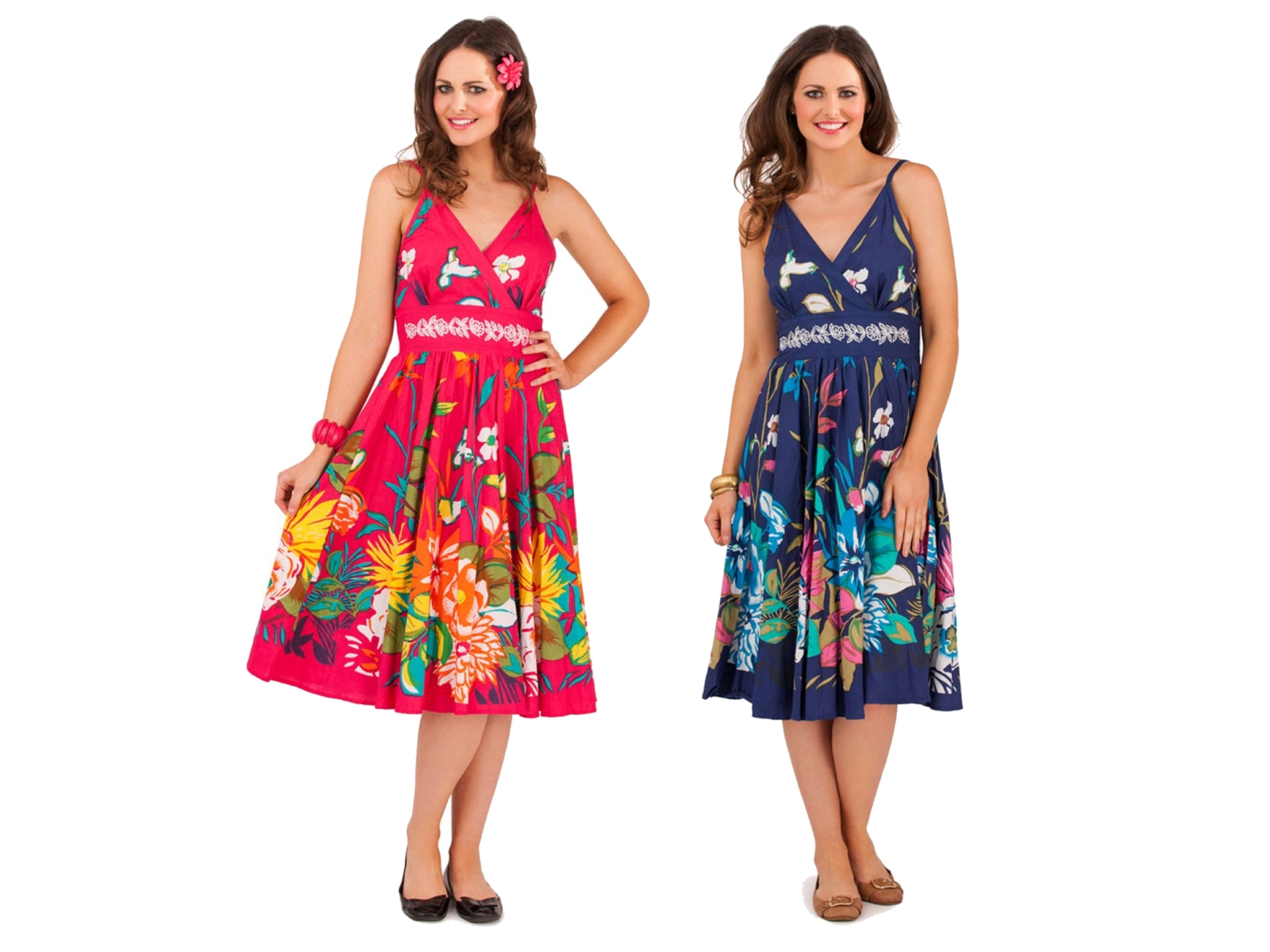 Womens 100 Cotton V Neck Below Knee Length Floral Summer Dress Ladies